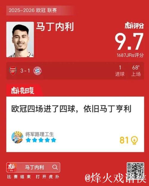 【欧冠】马丁内利替补建功，阿森纳3比1送拜仁首